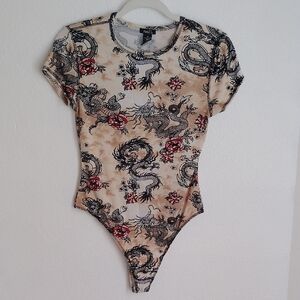 Rue 21 Womens Black/Red Dragon Asian Print Floral Bodysuit Sz M Fairy Grunge Y2K
